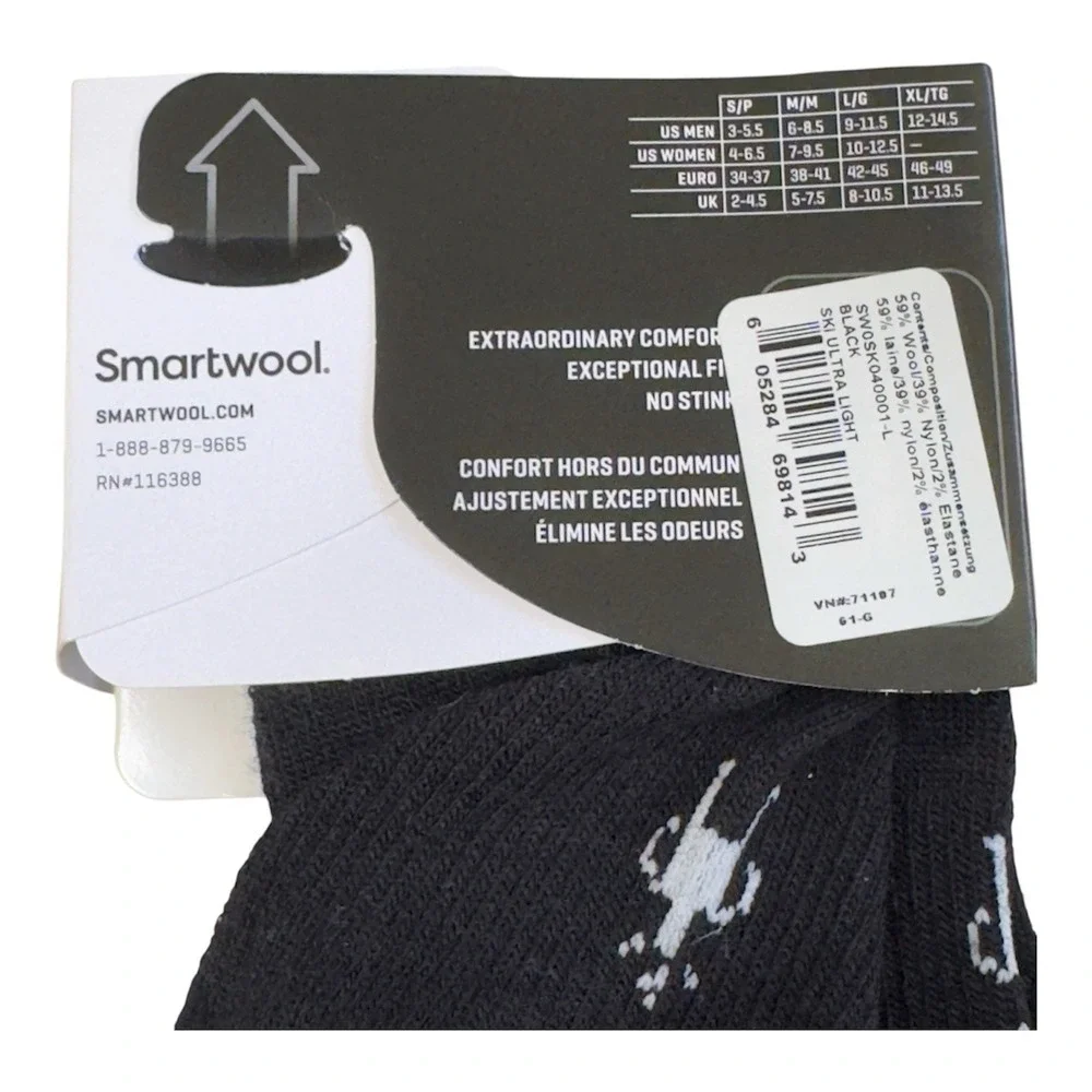 NWT Smartwool Ski Ultra Light Cushion Socks Merino Wool Unisex Size Large Black